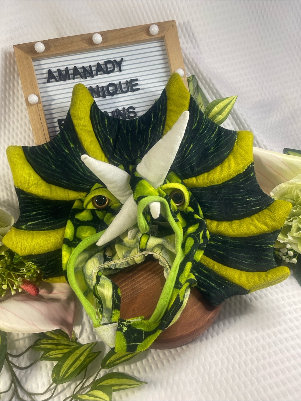 Kids Dinosaur Triceratops Plush Hood Costume Green Yellow Dress Up Hat Cosplay